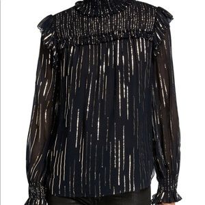 NEW Elie Tahari Gold & Black Zariah Metallic Striped Mock Long-Sleeve Blouse M